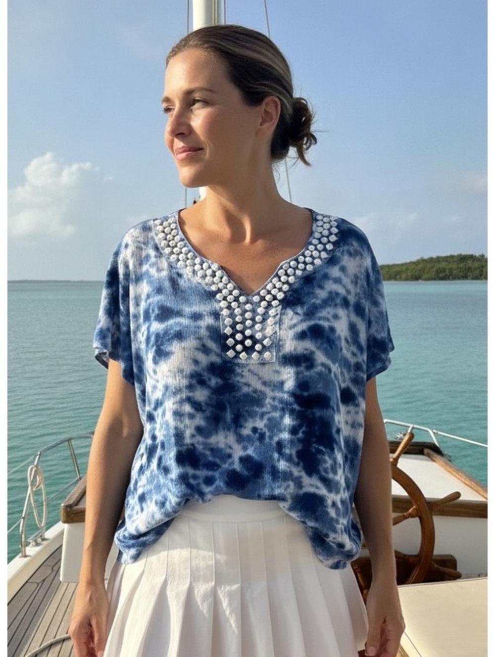 Catherines 2X Blue Tie-Dye Rayon Blouse with Studded V-Neck